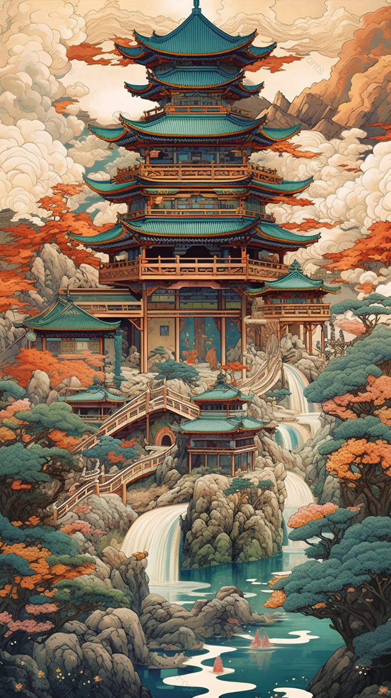 中国风建筑房屋亭台楼阁手绘插画背景,插画/手绘图,插画/手绘图库,插画/手绘图下载,插画/手绘